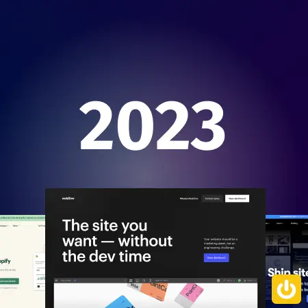 Photo des homes pages des sites de Shopify, Webflow et Frame avec un texte 2023