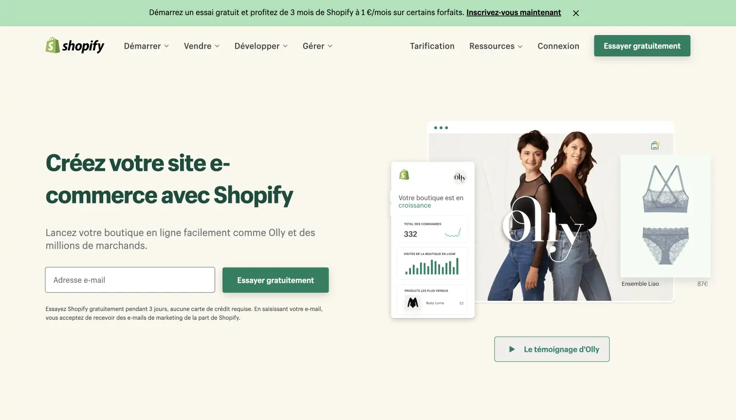 Page d'accueil de Shopify