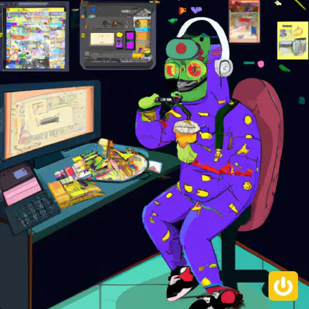 A cyberpunk monster in a control room consuming content media like tiktok