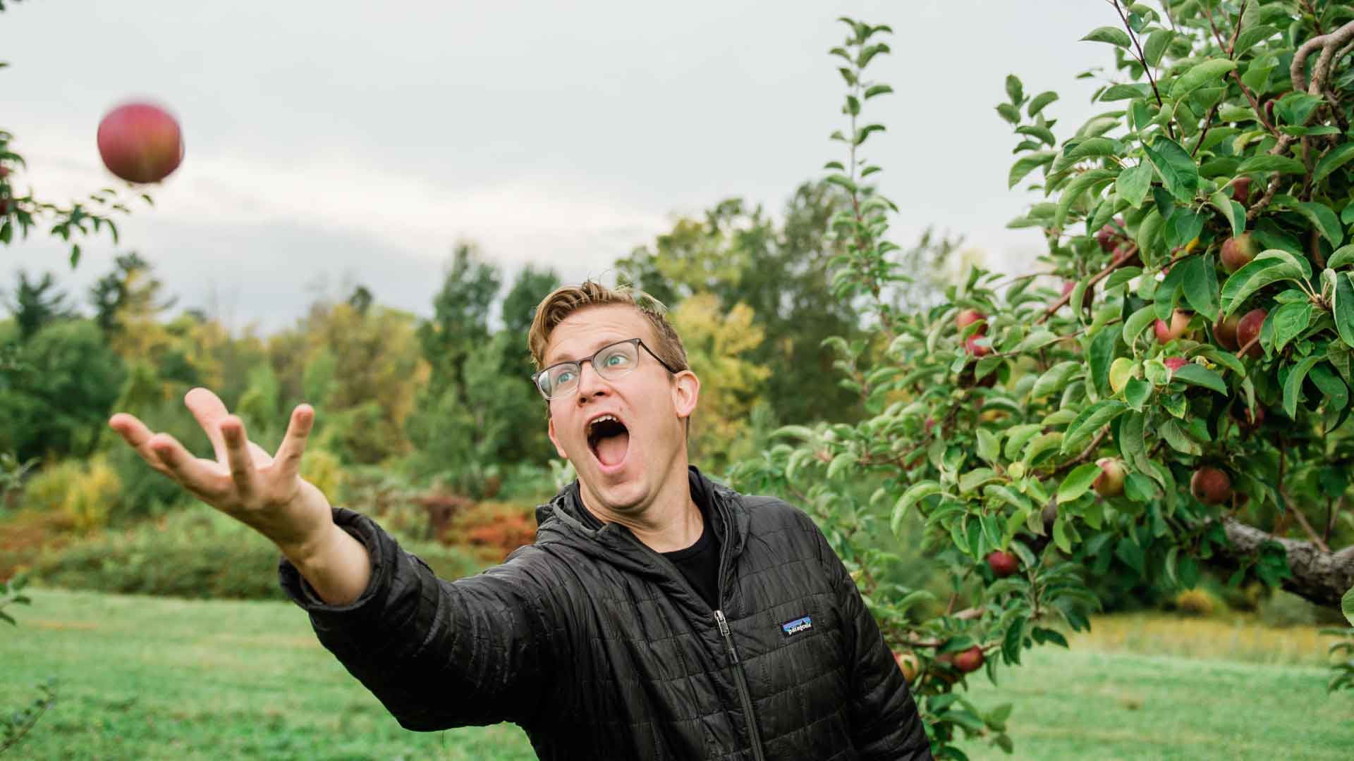 Man tossing and catching apple in the air at Shelburne Orchards, Vermont