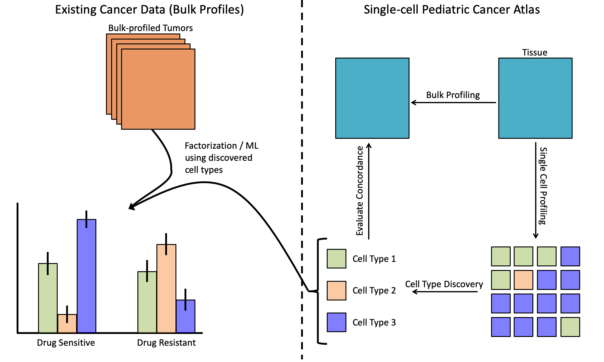 This figure shows our ideal outcome to create a single-cell pediatric cancer atlas that could be compared with existing bulk datasets.