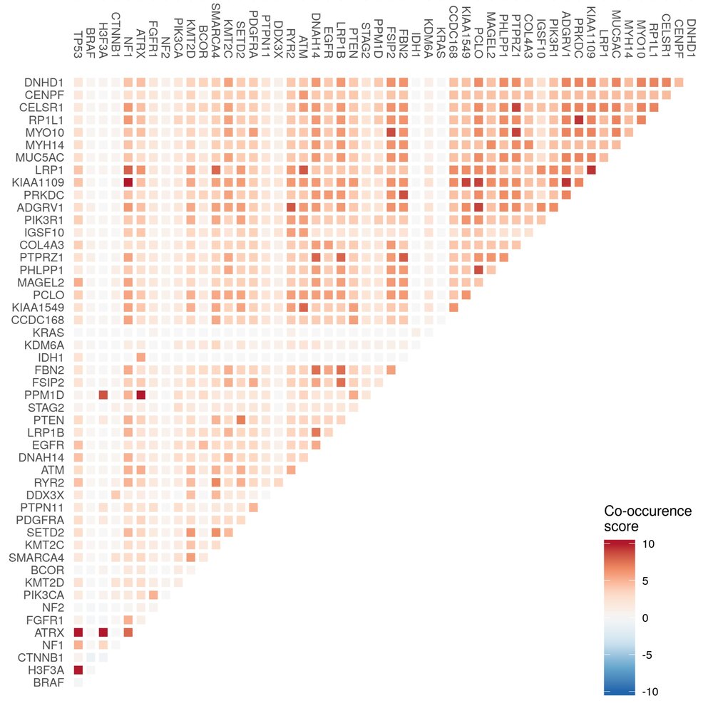 Chart: Co-occurrence and mutual exclusivity of nonsynonymous mutations between genes.