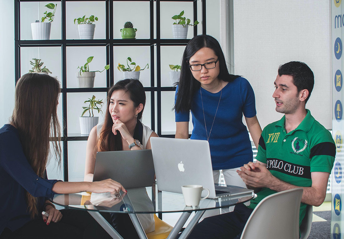 a group of people works together