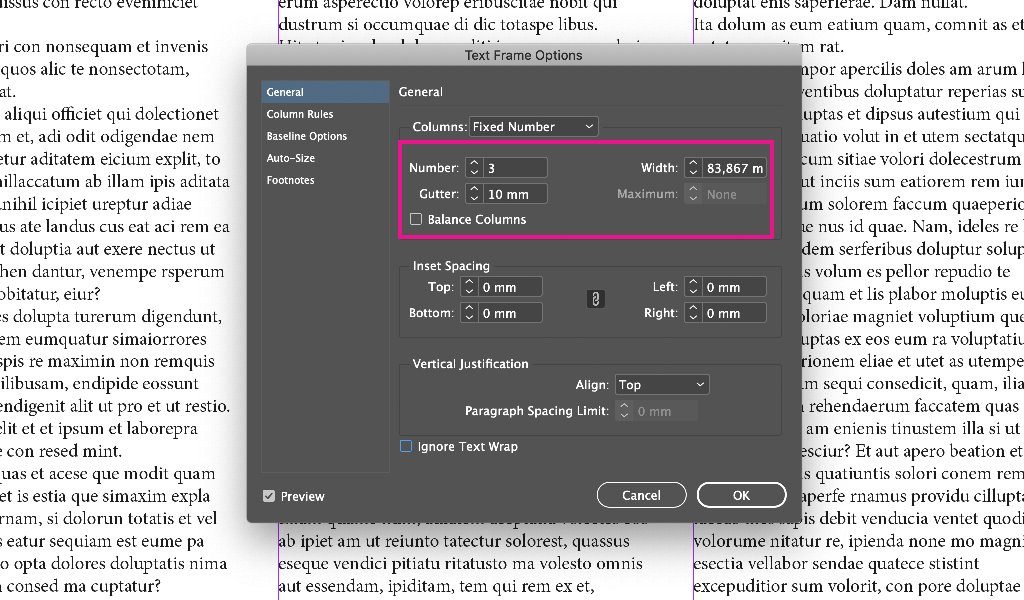 Add columns in InDesign