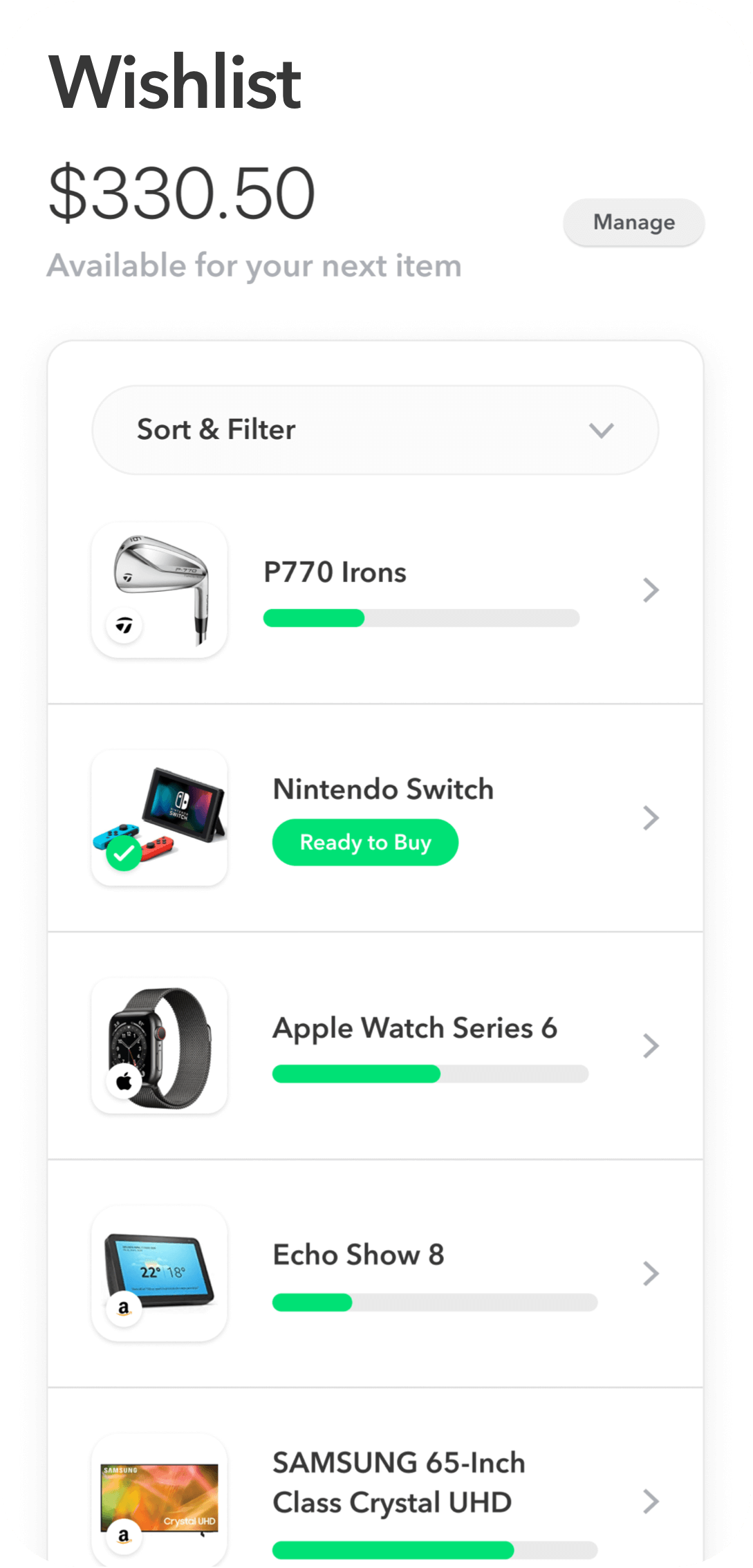 Wishlist app screen showing a list of items