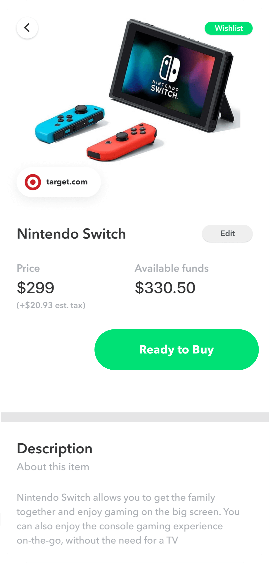 Wishlist app screen showing an item is ready to buy from the wishlist.