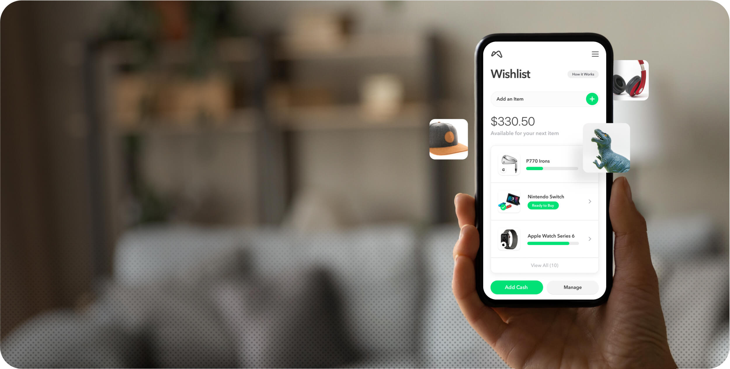 Wishlist app shown on a phone screen.