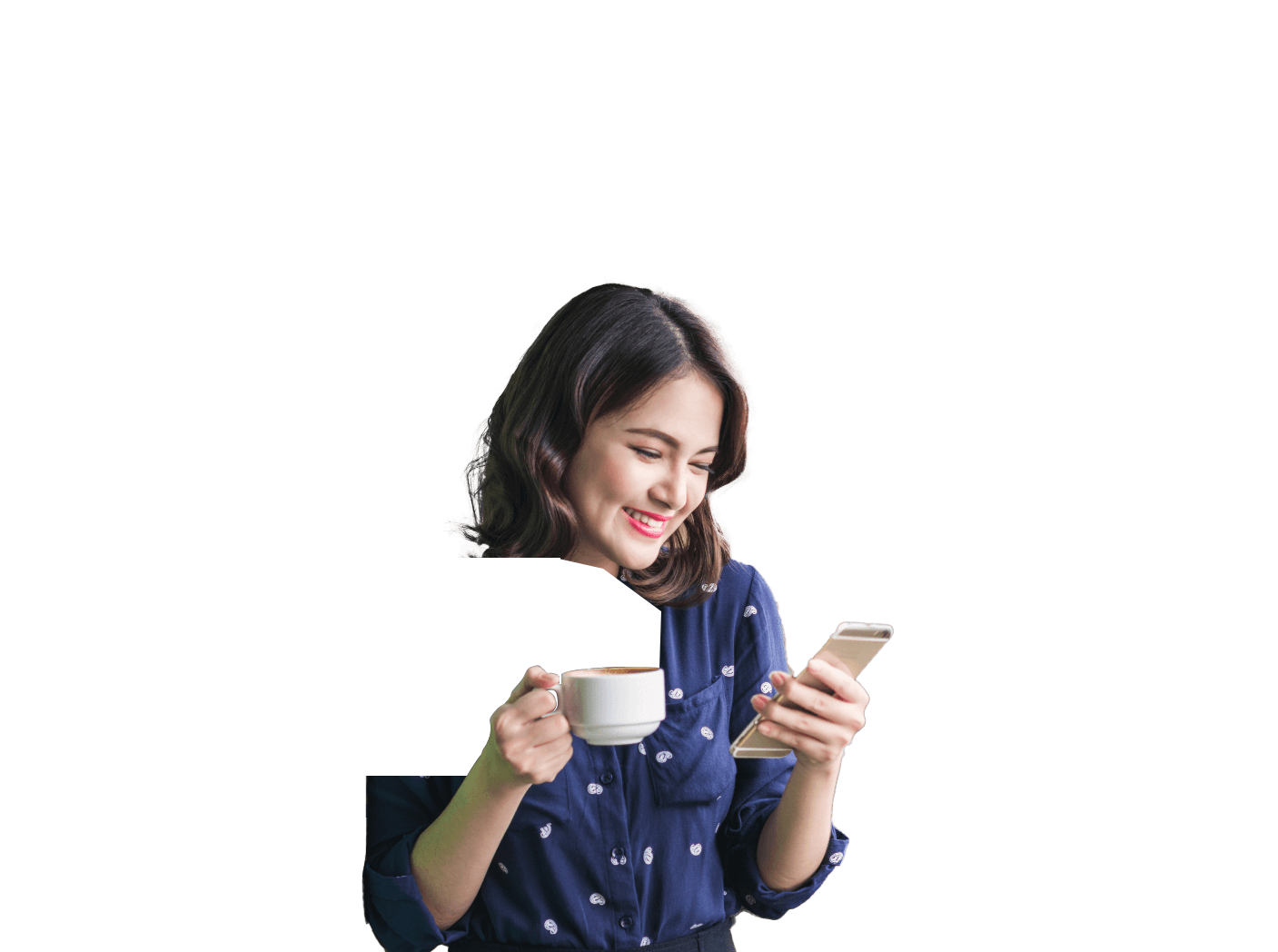 A person using a wishlist app on their phone, smiling and enjoying a cup of coffee.