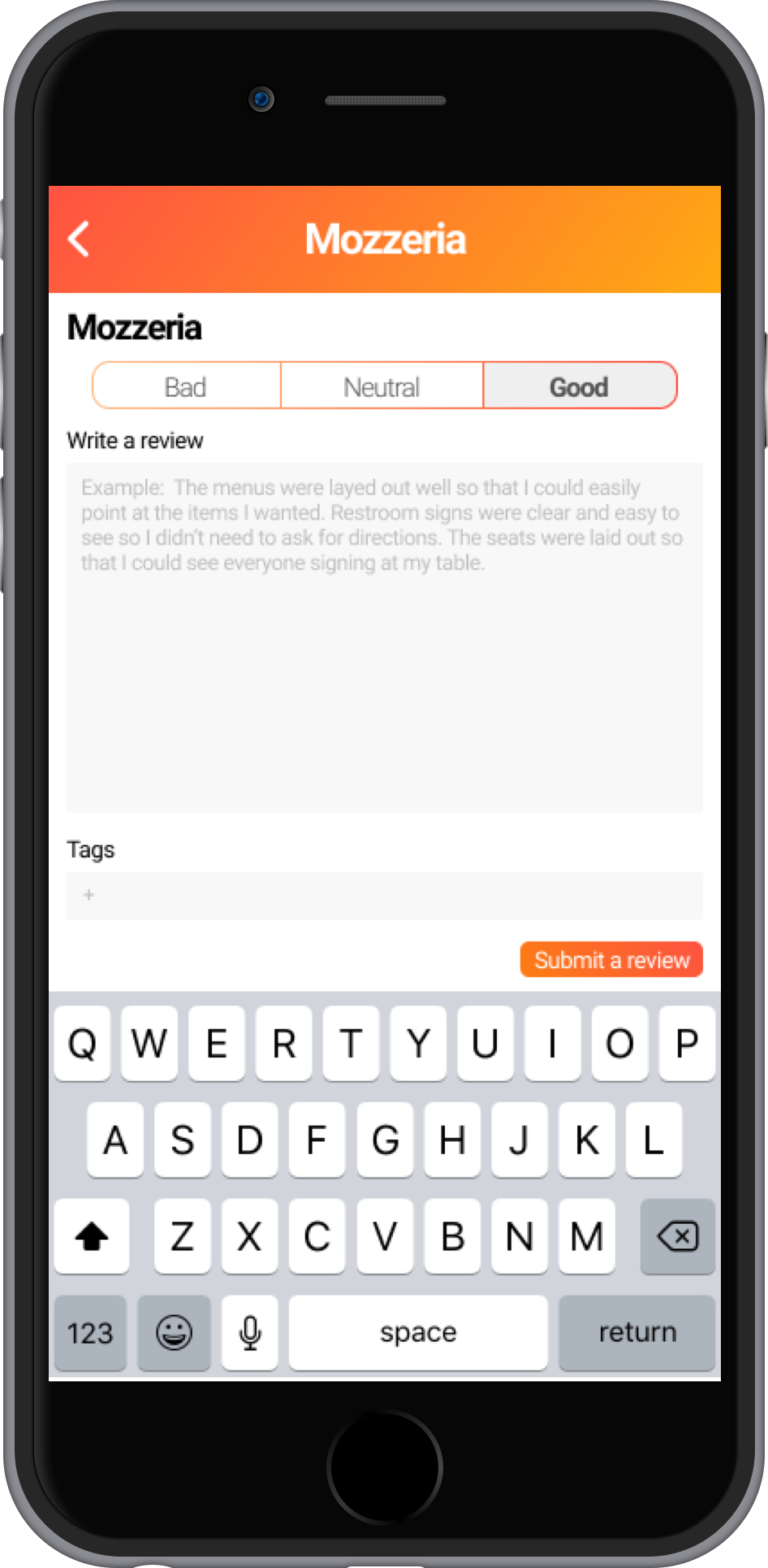 The screen where users can leave a review for a business.