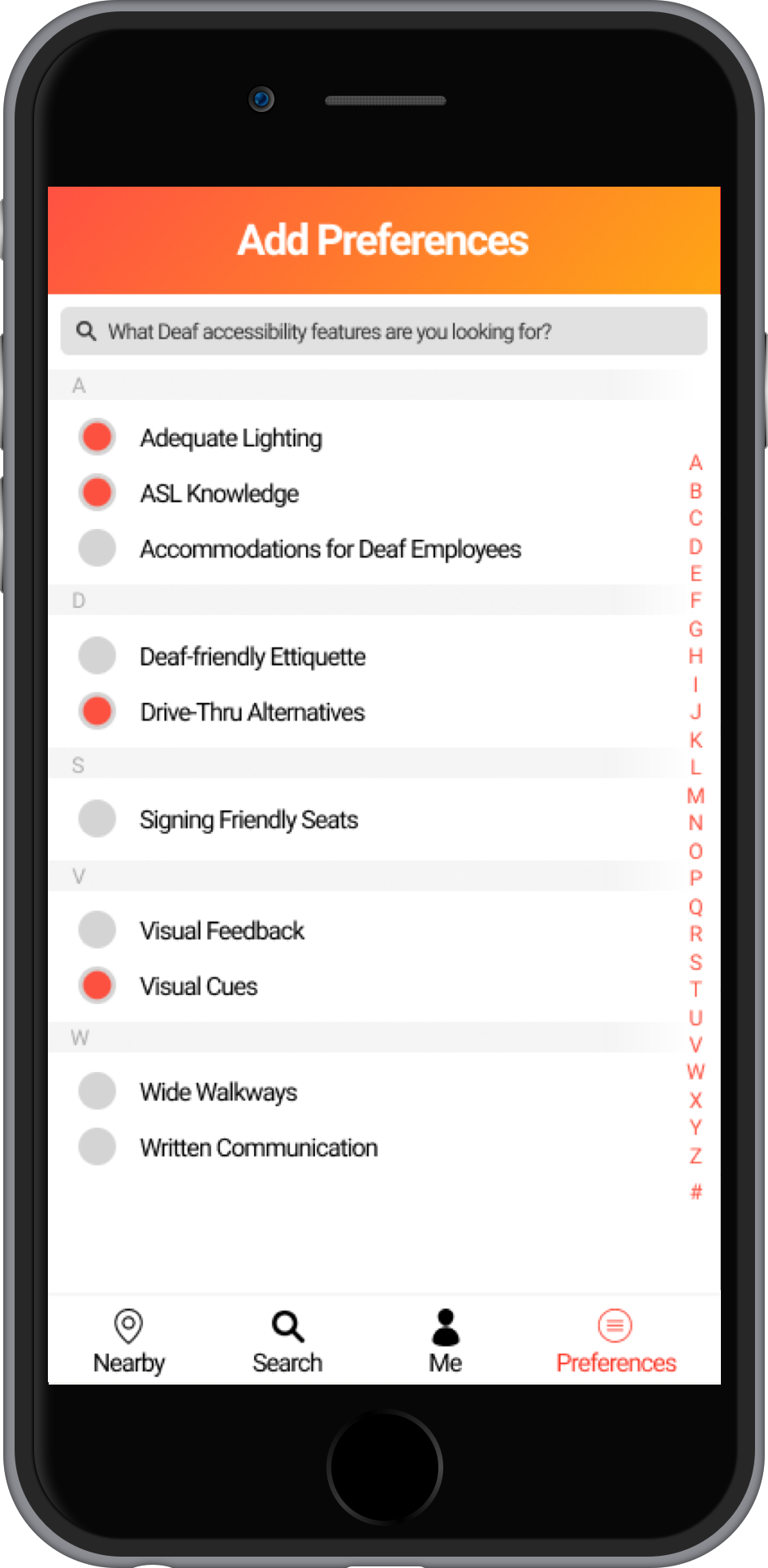The screen where users can choose which criteria they care about.