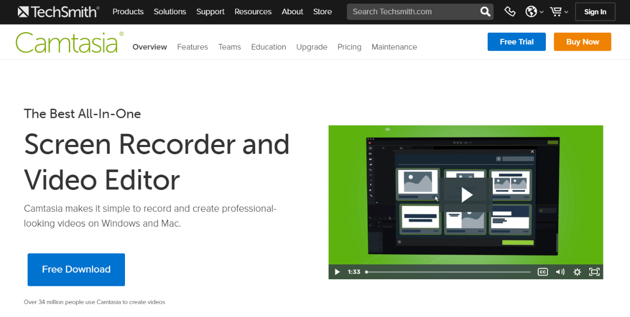 Home page of Camtasia - best screenshot software