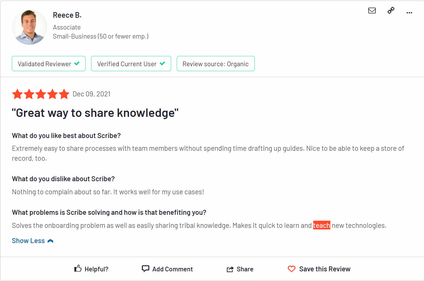 Scribe review on G2 for knowledge sharing