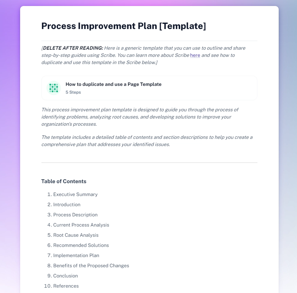 Free business process improvement plan template