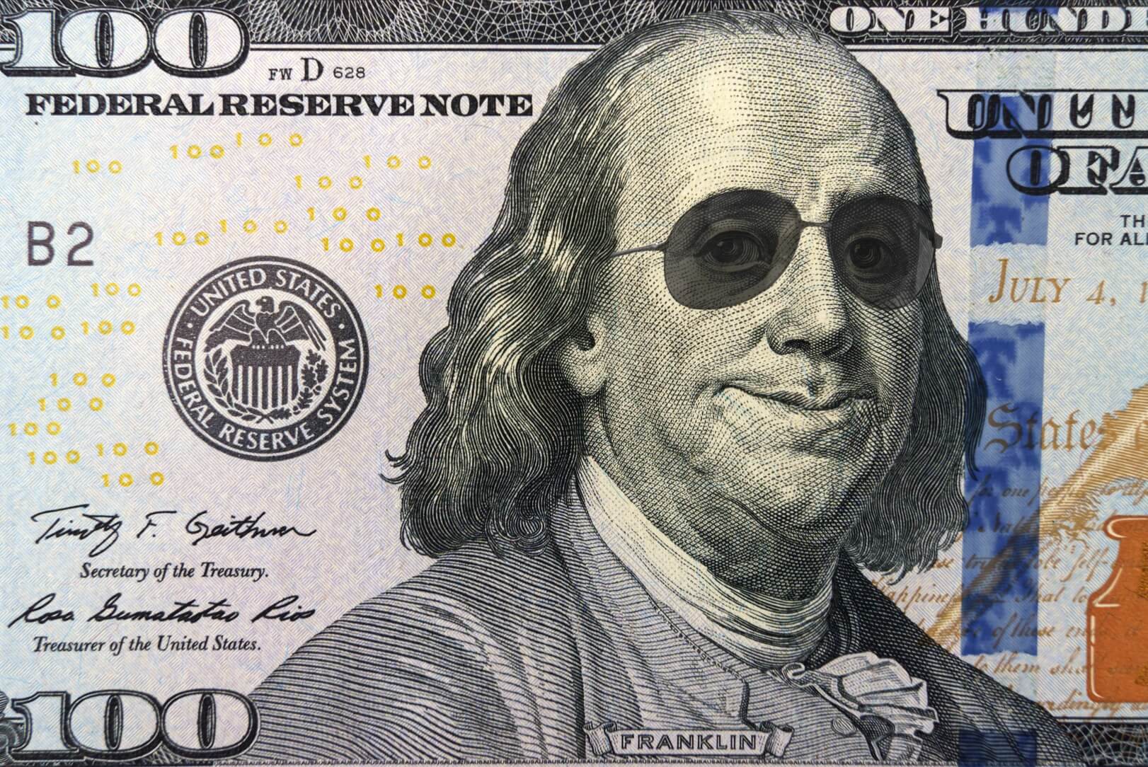 Ben Franklin on the 100 dollar bill, wearing sunglasses, to symbolize the habits of the wealthy vs poor.