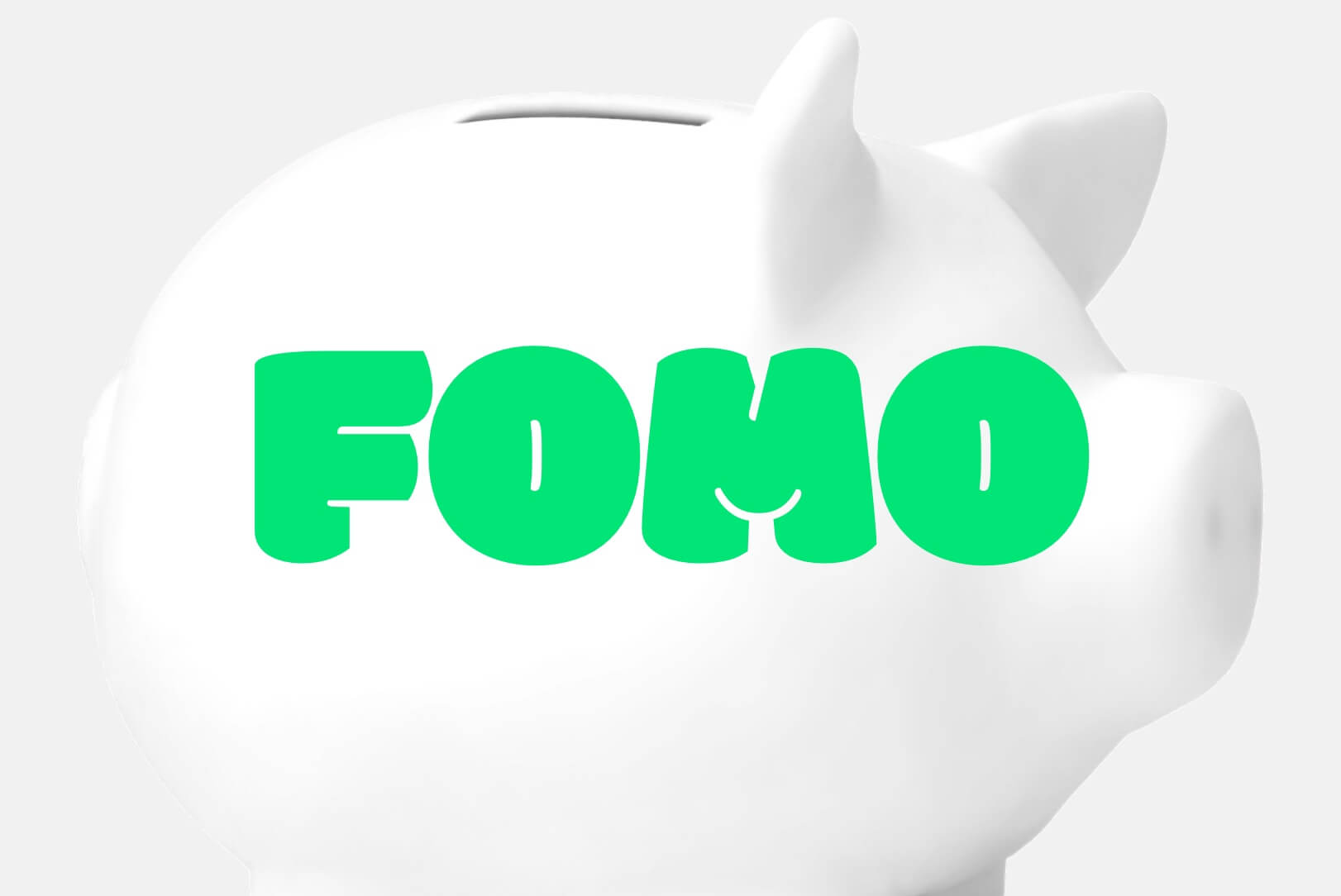 Piggy bank with Fear of Missing Out overlayed on top to show the best way to save money without FOMO.