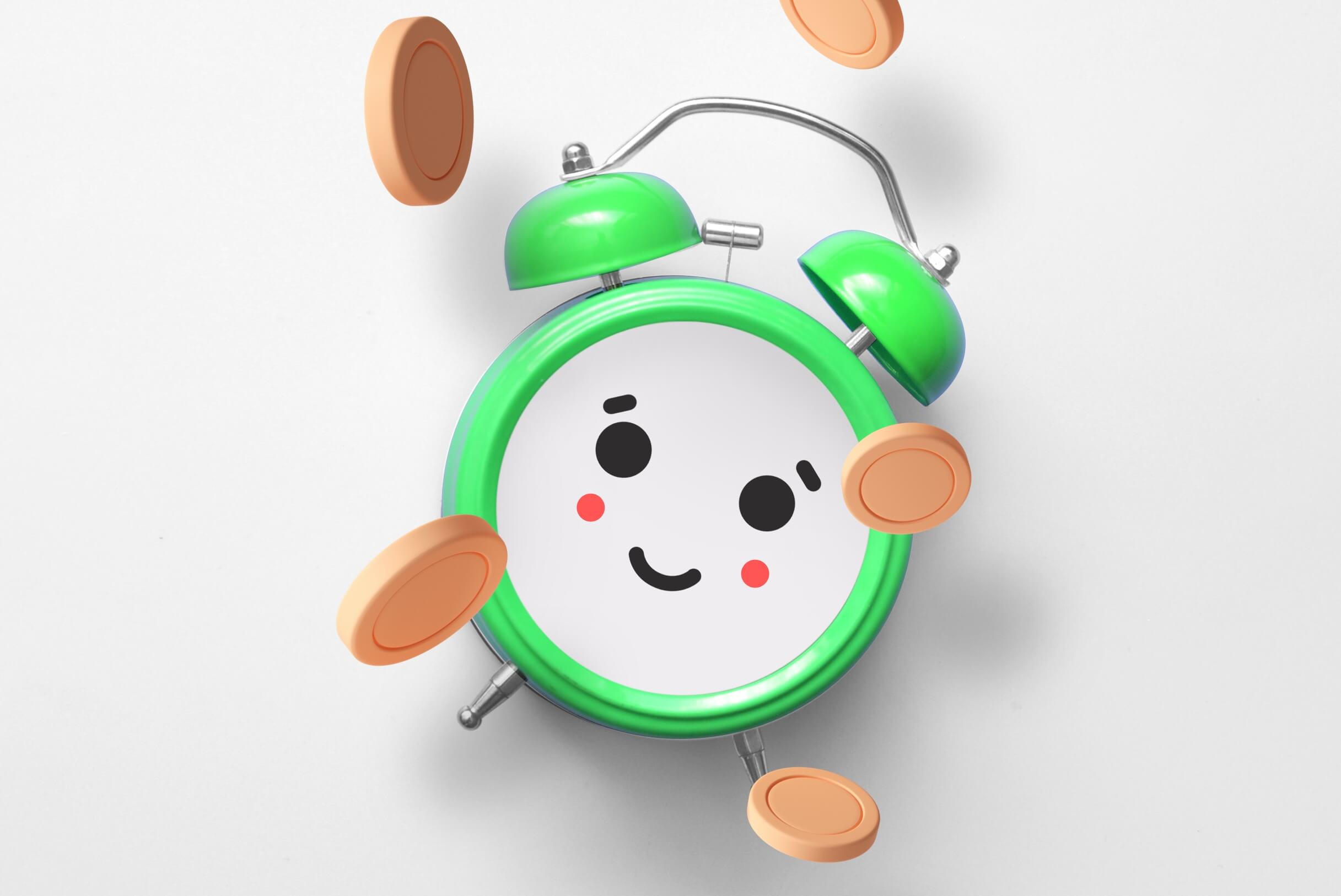 Green alarm clock with a happy face for 5 time and money management skills
