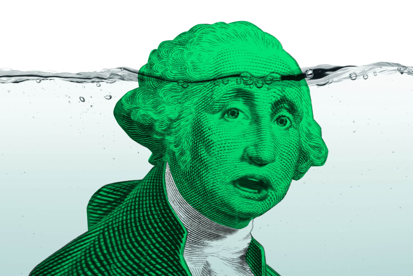 George Washington from the dollar bill keeping his head above water to symbolize the sinking feeling of overspending.