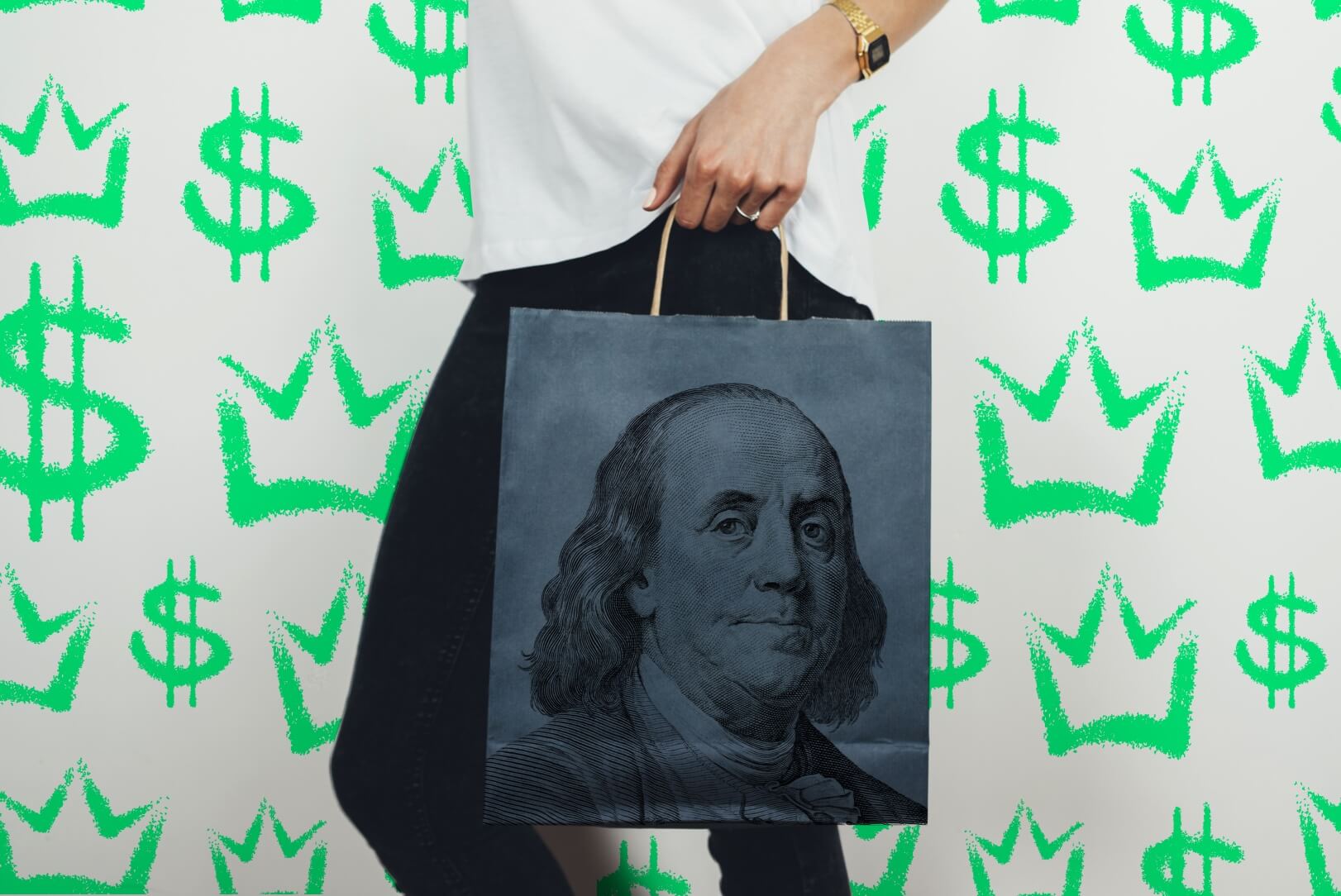 People sitting in a line with shopping bags to show to show how to save money shopping.