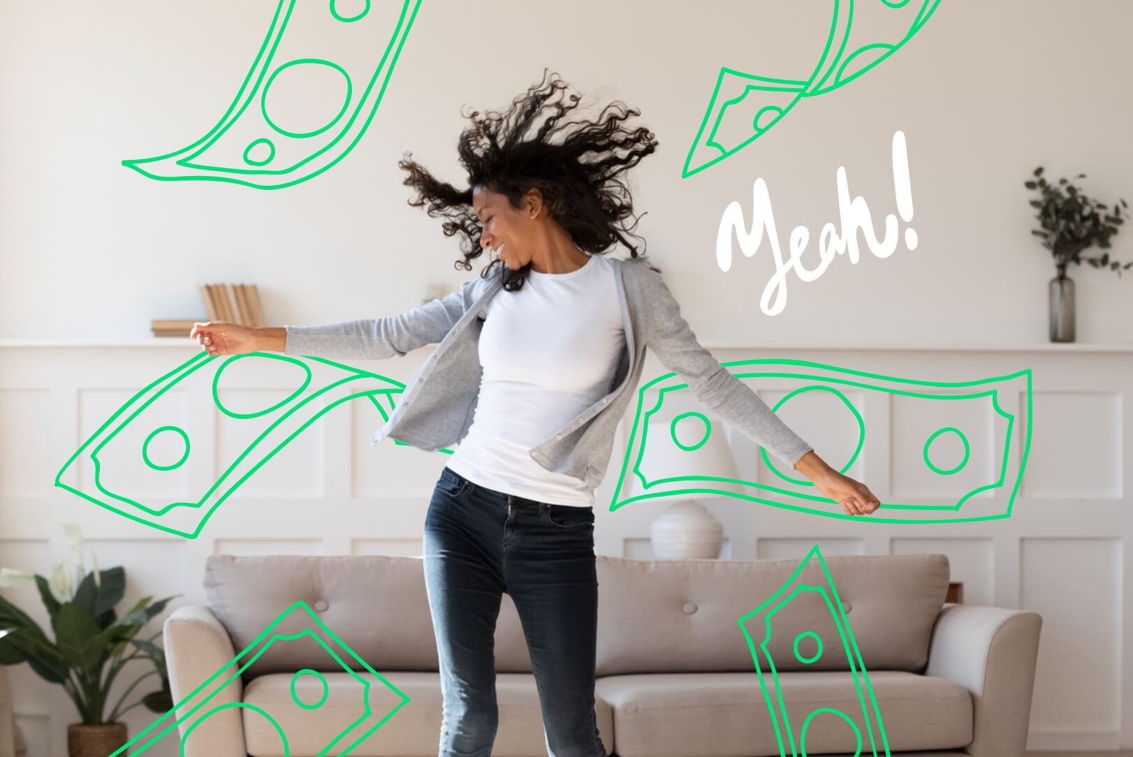 Woman dancing in living room celebrating her good financial habits