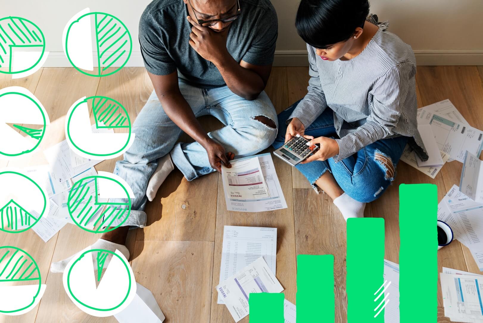 Couple using a calculator to see whether they should save vs pay off debt.