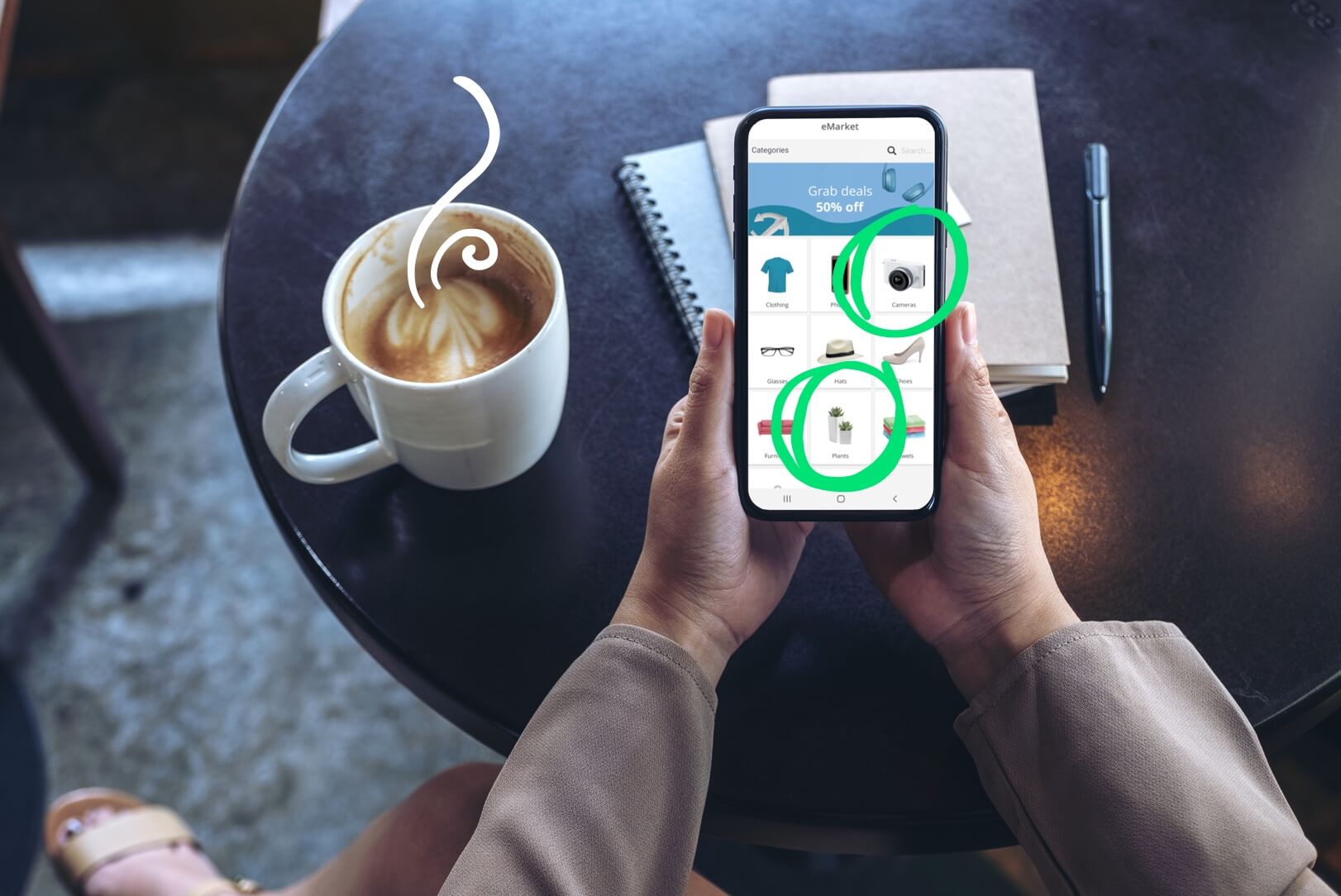 Person holding their phone, looking at a wish list registry app.