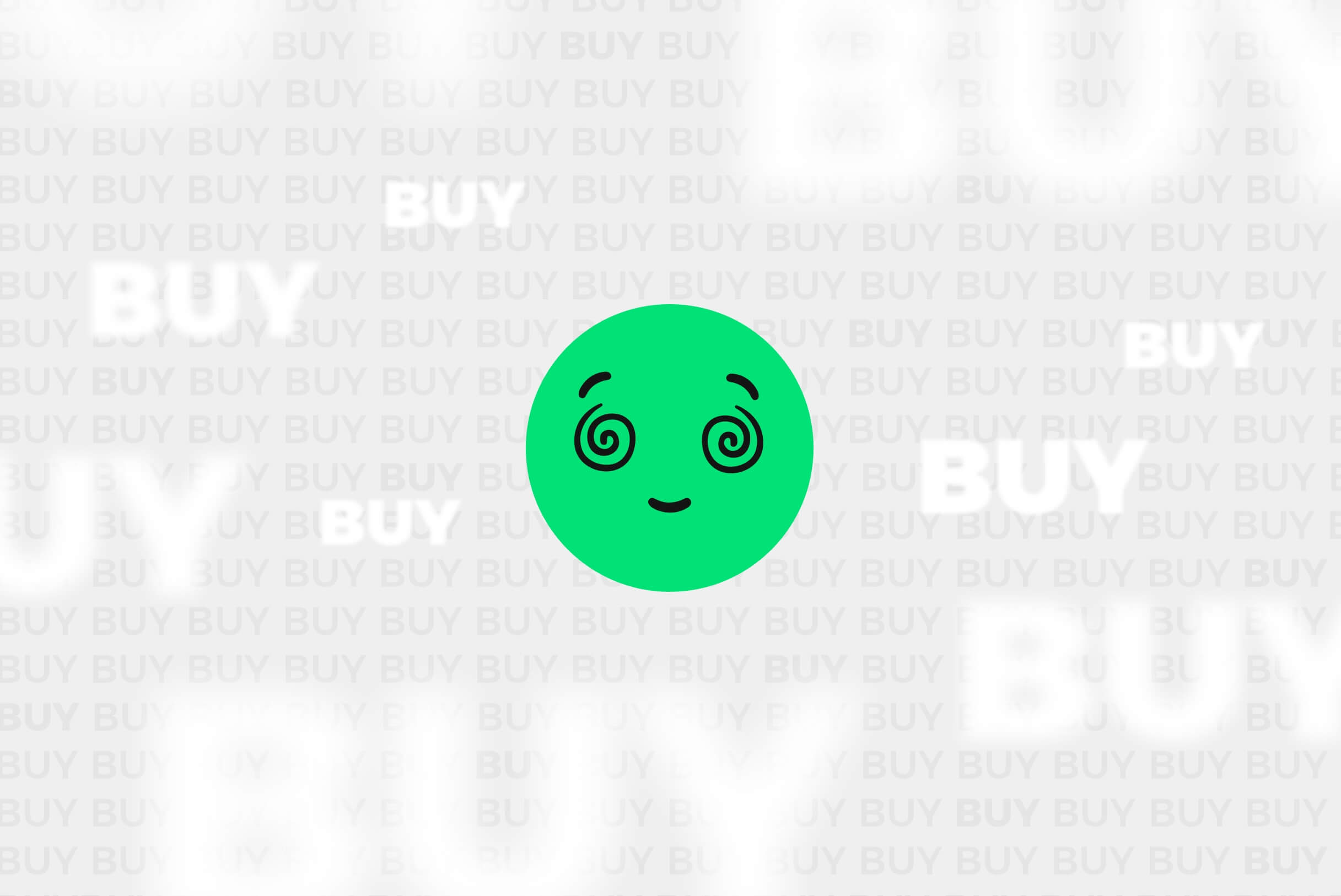 illustration with the word buy typed multiple times surrounding a green emoji symbolizing what is retail therapy