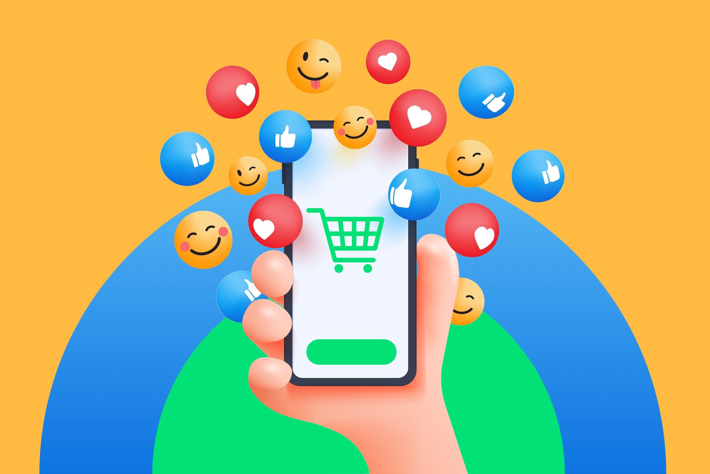 Illustration of a hand holding a phone with a green shopping cart on the screen in a social commerce environment because phone is surrounded by round social media reaction icons