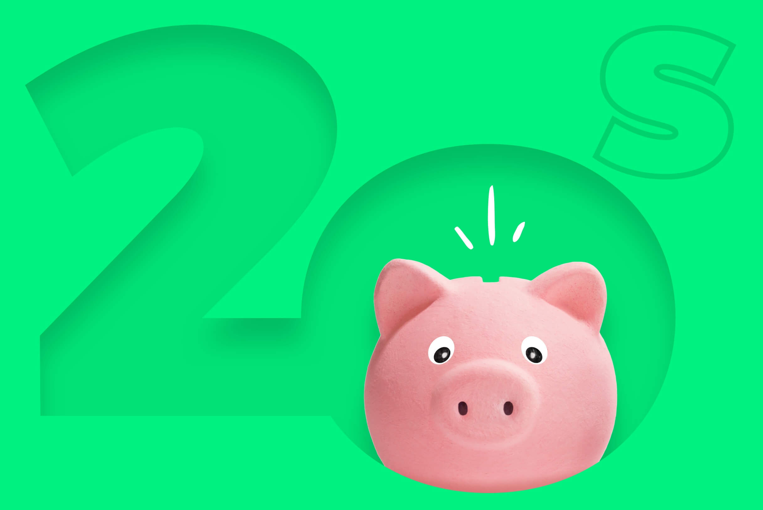 illustration of a piggy bank on a green background with the number 20 written, conveying the message how much should i save in my twenties