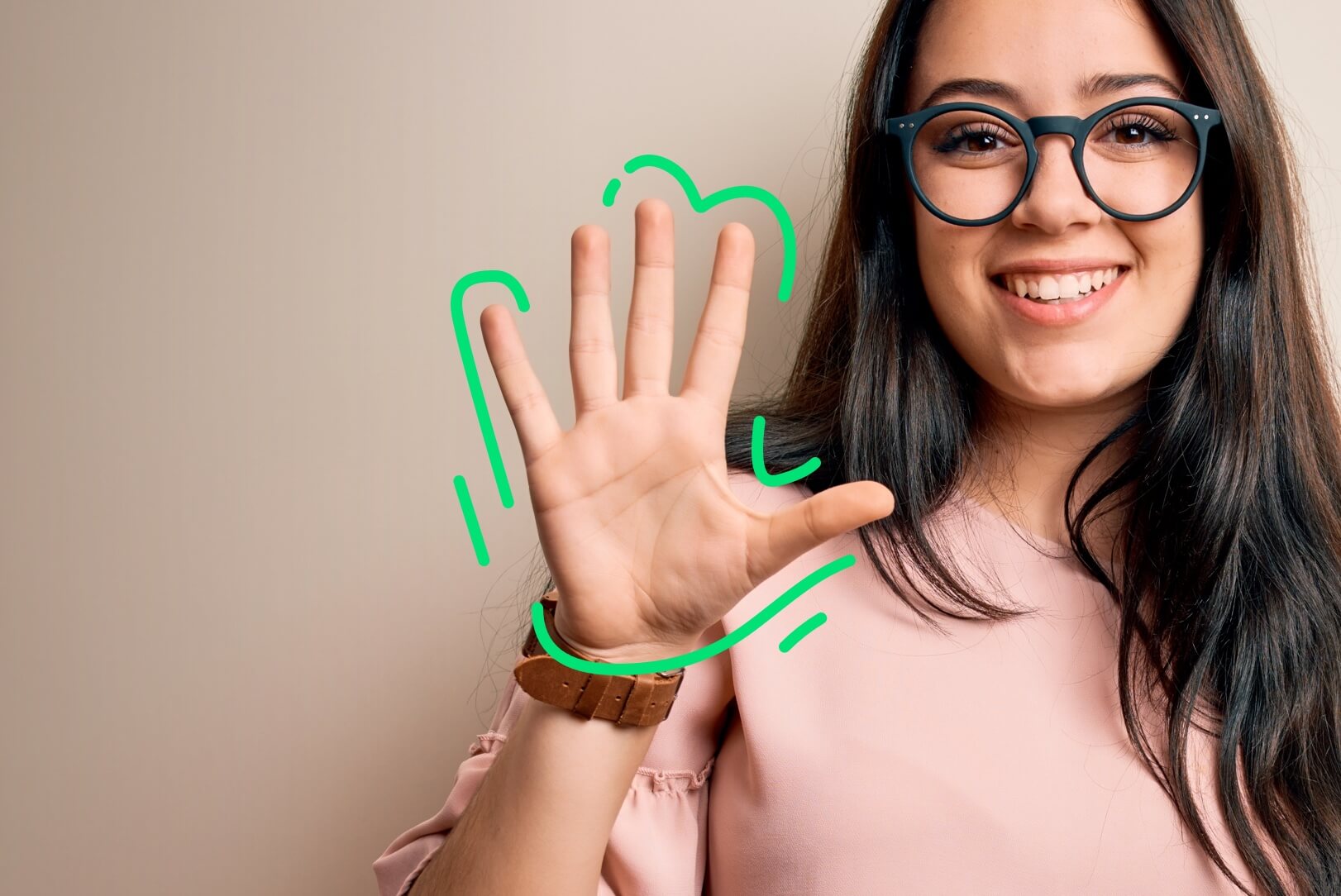Woman holding up her hand showing the number five as in 5 year financial plan