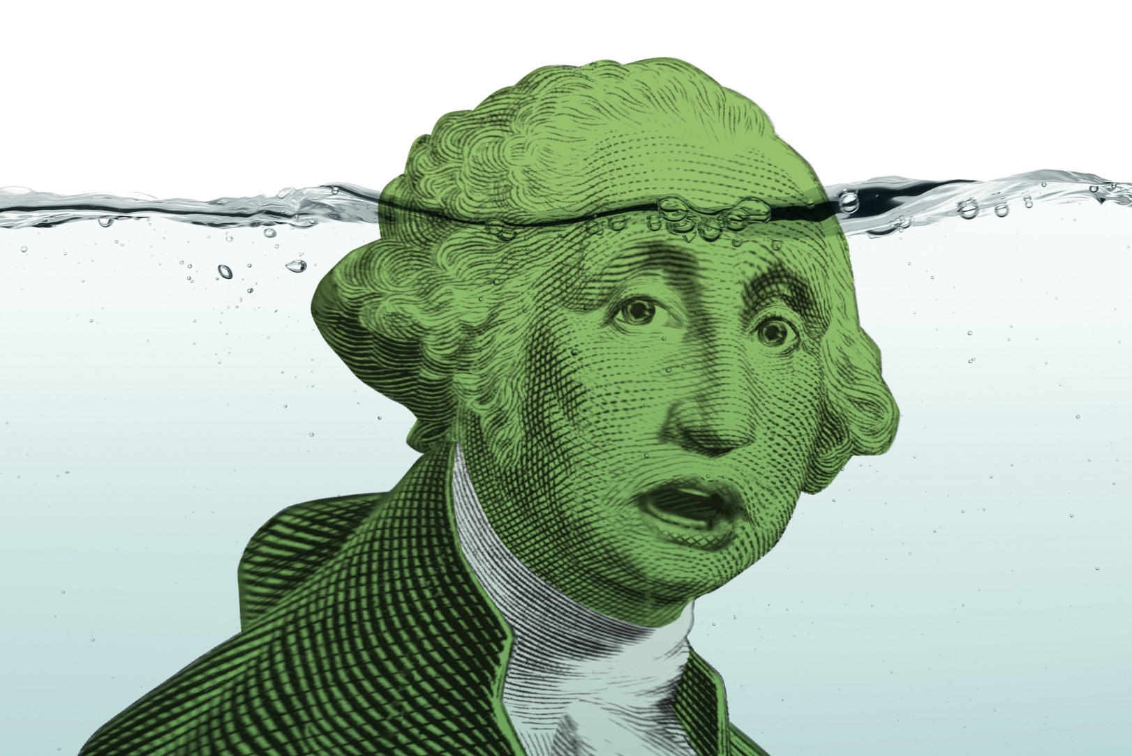 George Washington from the dollar bill keeping his head above water to symbolize the sinking feeling of overspending.