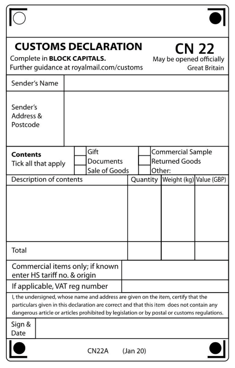 Blank CN22 customs declaration form in English