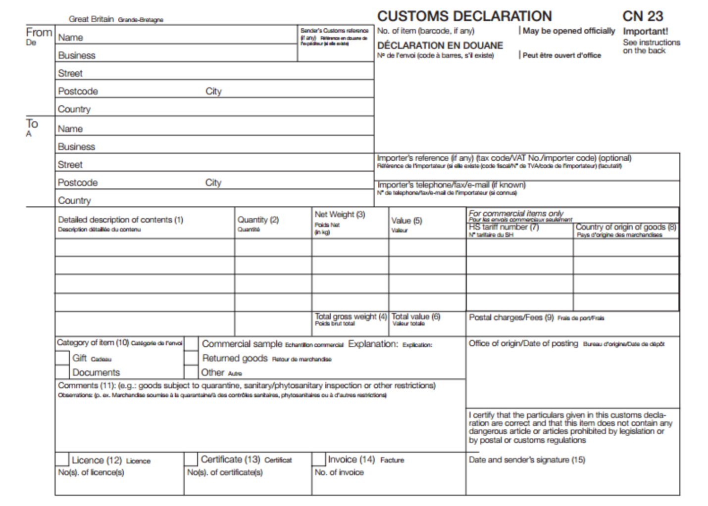 Blank CN23 customs declaration form in English