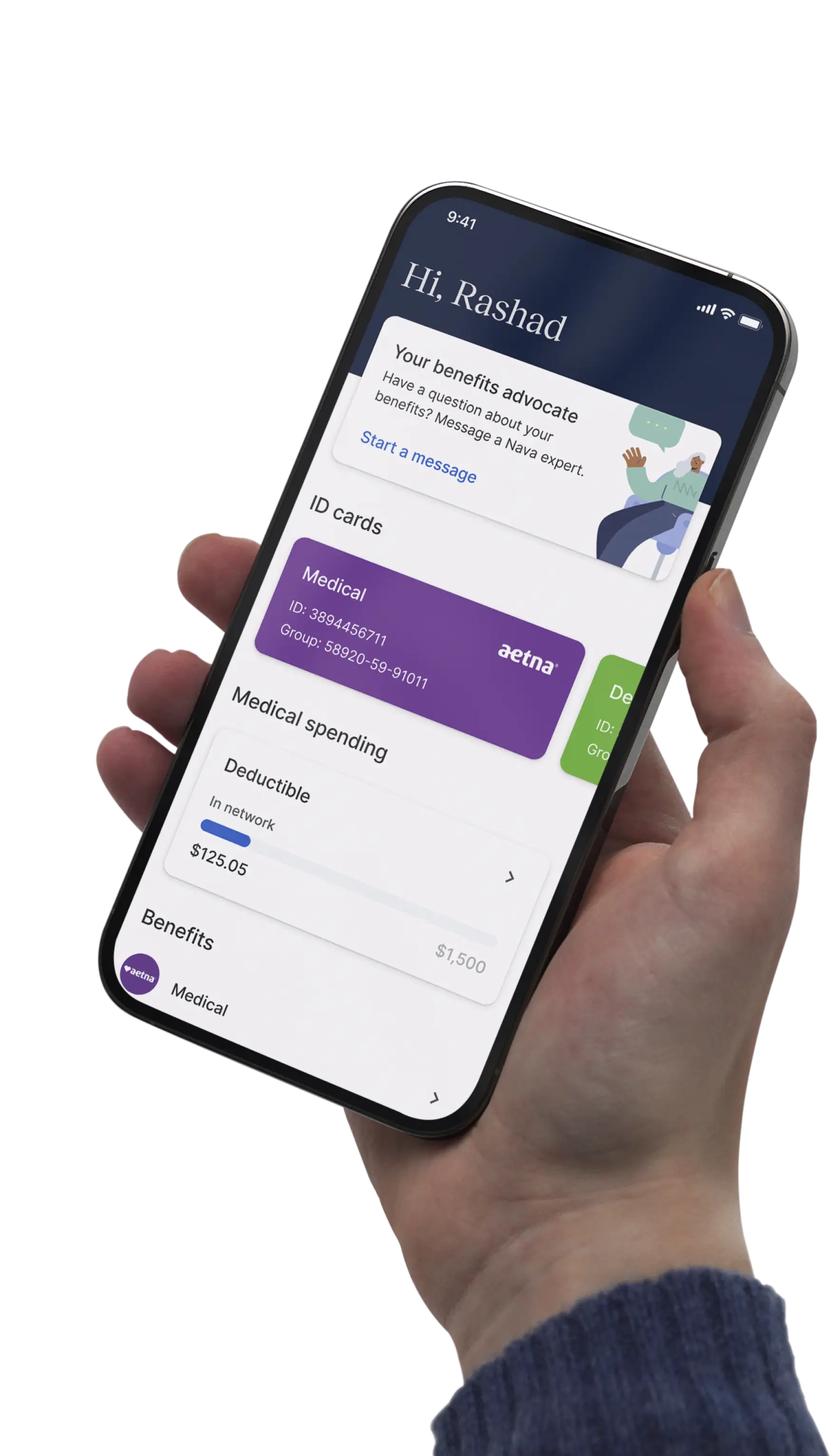 Nava Benefits app on a mobile phone being held in a person's hand