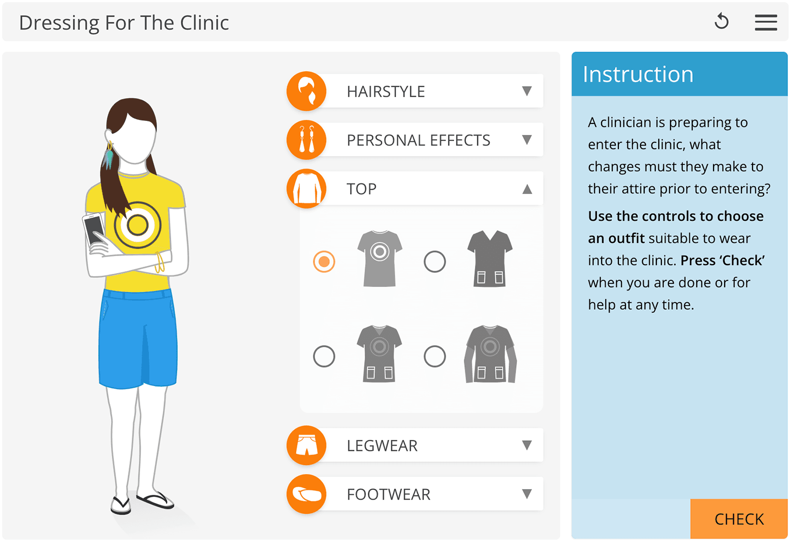Dressing for the Clinic LabSim page showing options for clinicians clothing