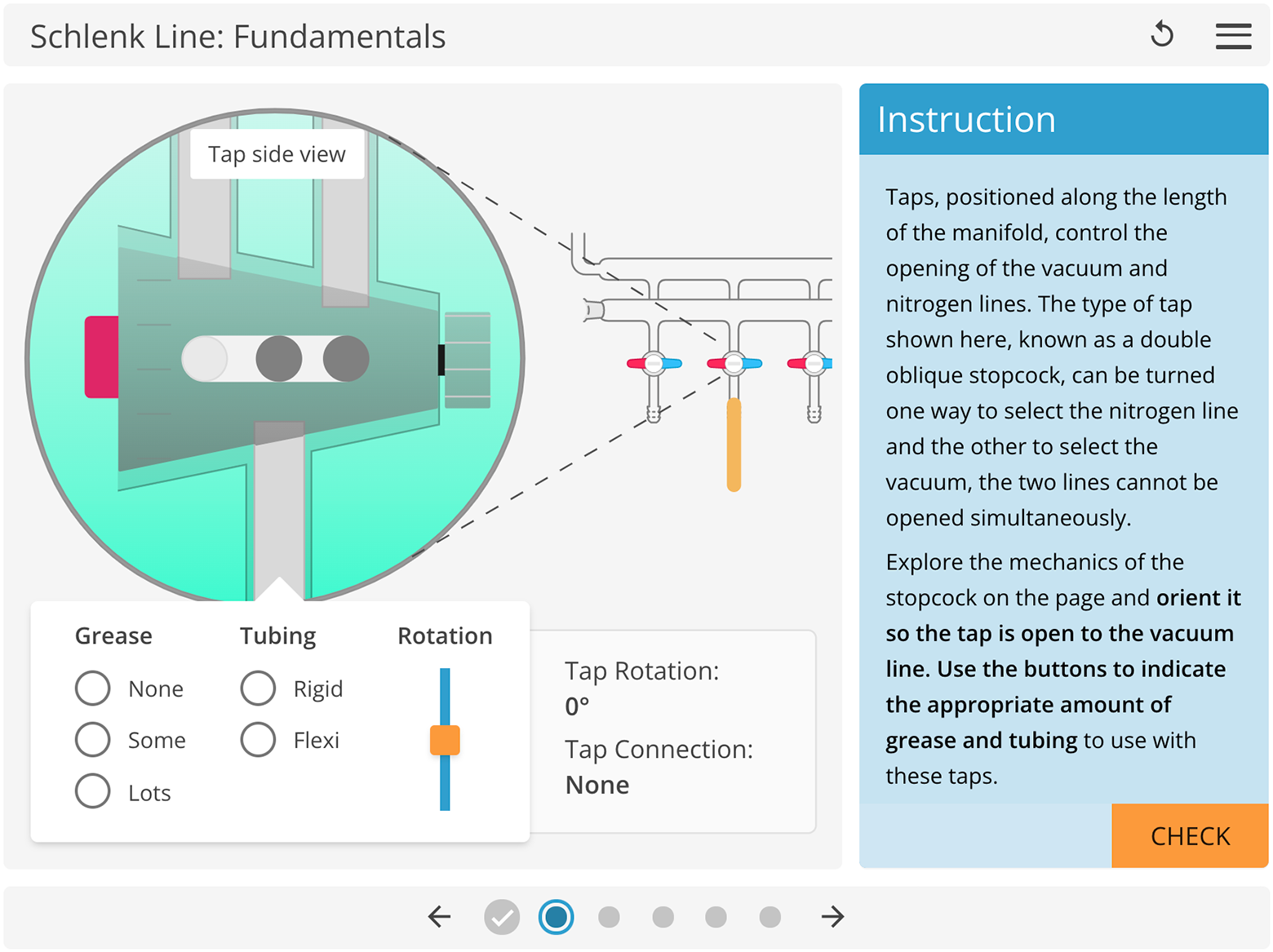Screenshot showing an activity in the Schlenk Line LabSim where students explore the mechanics of the stopcock.