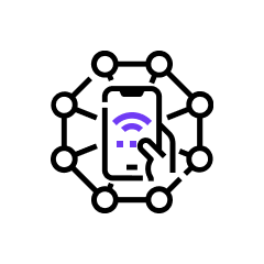 Icon of a smartphone with a wi-fi symbol on screen with nodes and connectors surrounding it