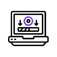 Icon of a laptop with a circle and two arrows pointing down to a loading bar