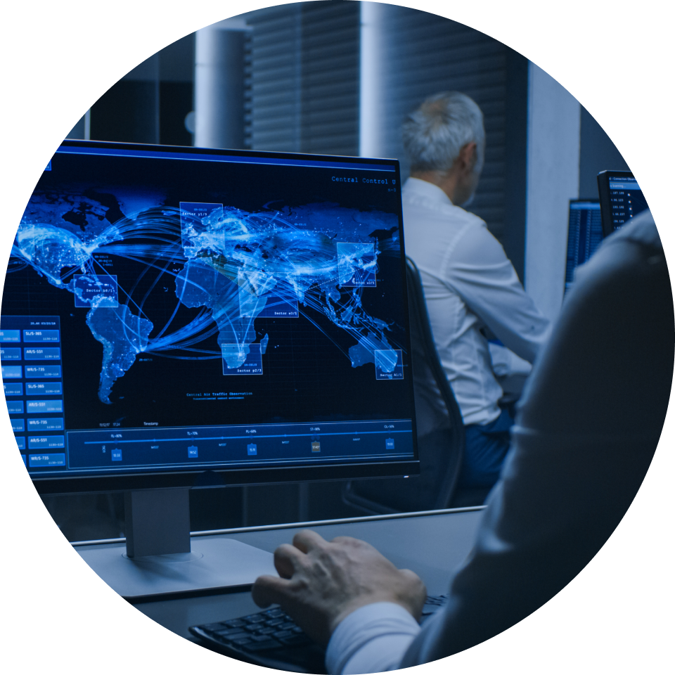 Desktop screen showing a global map with data and connected lines overlaying it