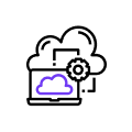 Icon of a laptop below a cloud with connector lines and a gear.