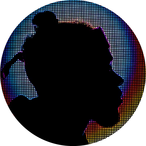 Dark silhouette of a man's head in front of colorful pixelated lights