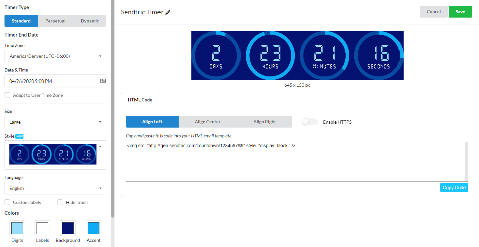 A screenshot from Sendtric: a tool for creating HTML countdown timers