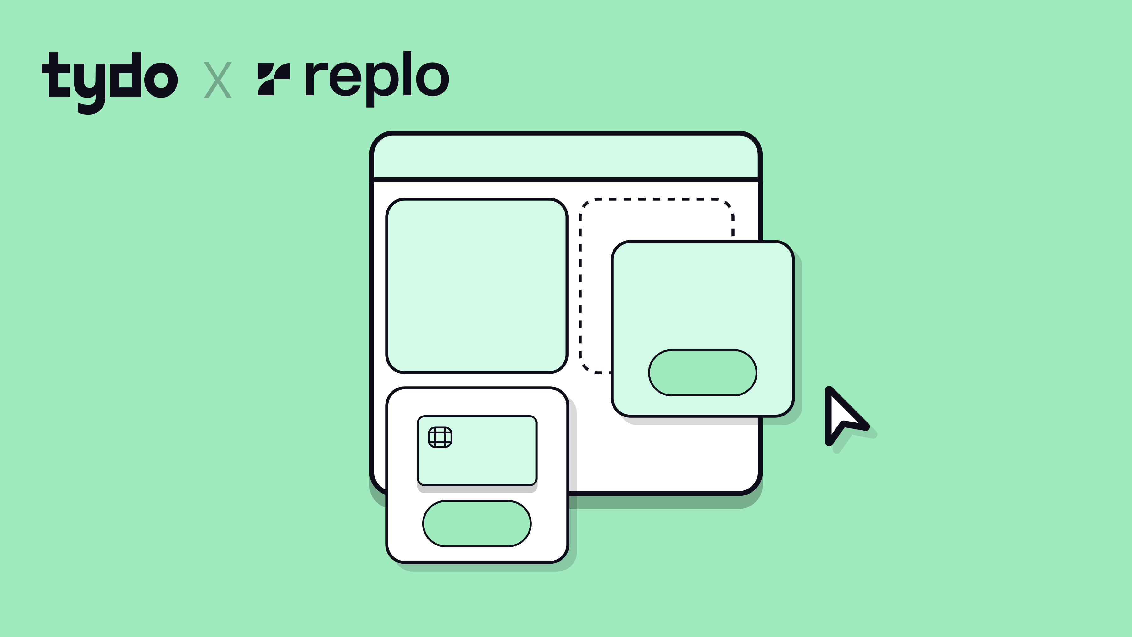 Green background with Tydo and Replo's logos. A landing page vector with components and a cursor. 