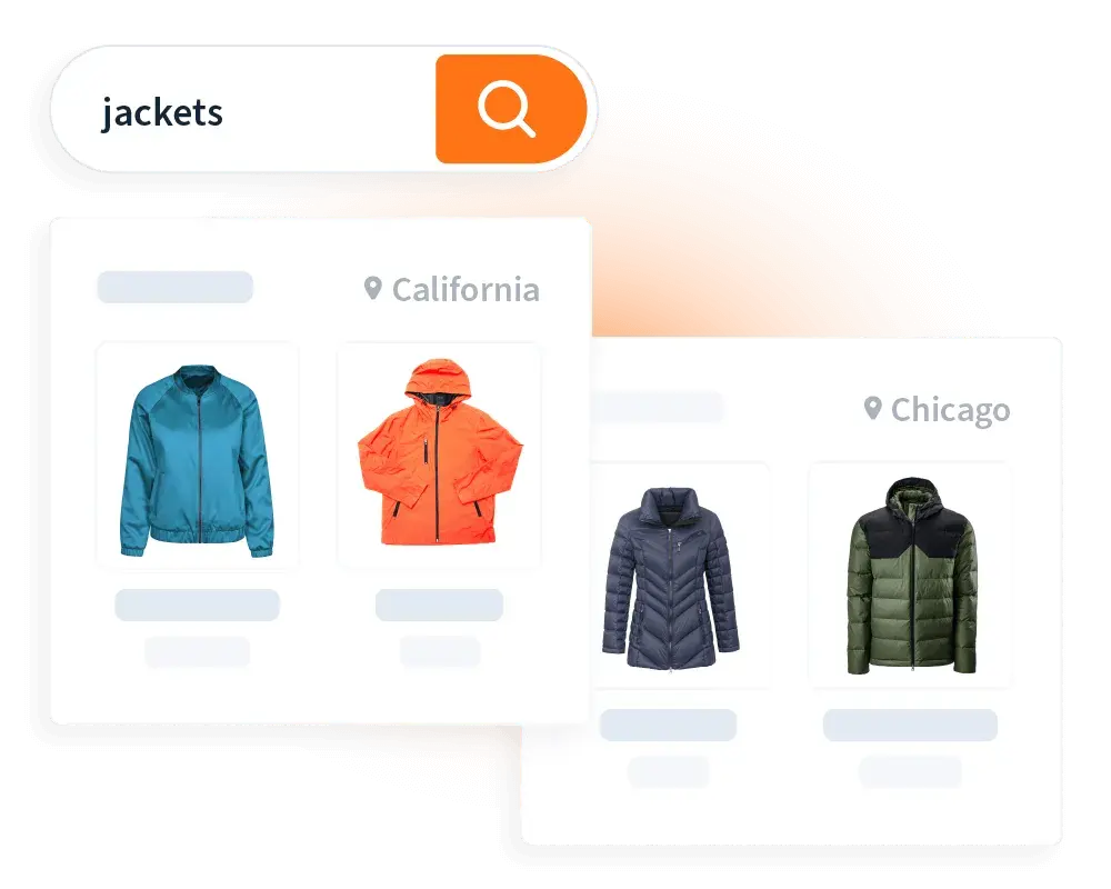 Windows show different results for the search term "jackets" based on location