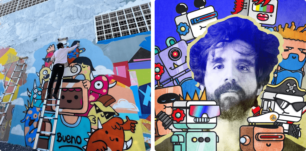 Pablo Stanley painting a mural in Miami of his collection Robotos