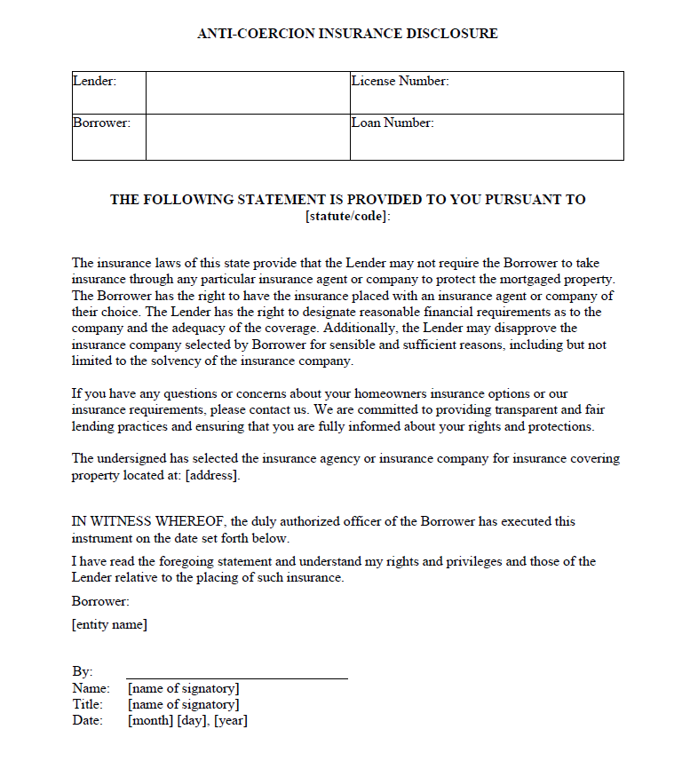 Anti Coercion Insurance Disclosure Templates & Samples