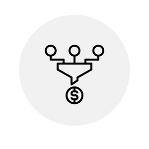 an icon showing a funnel with many inputs going in the top and money coming out of the bottom
