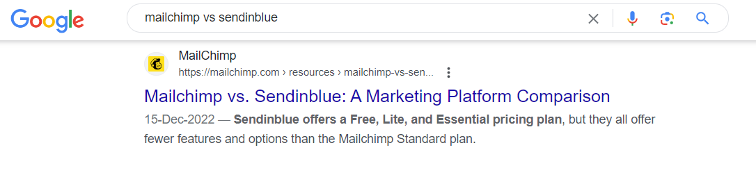 mailchimp vs sendinblue google search result page