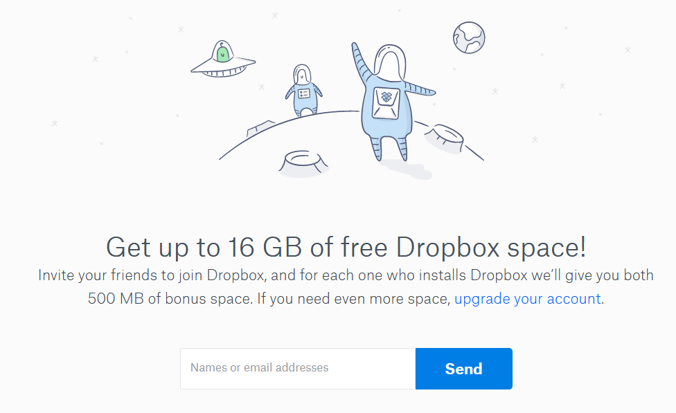 dropbox 16gb free web page with a graphics of austronauts on the upper part of the page