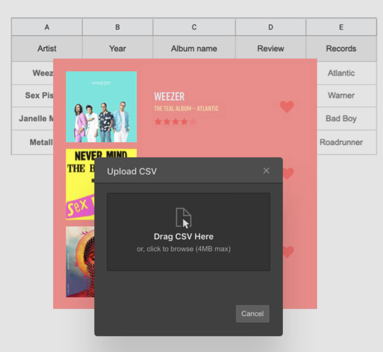 Easy drag and drop a CSV file to import your website content to Webflow (source: Webflow)