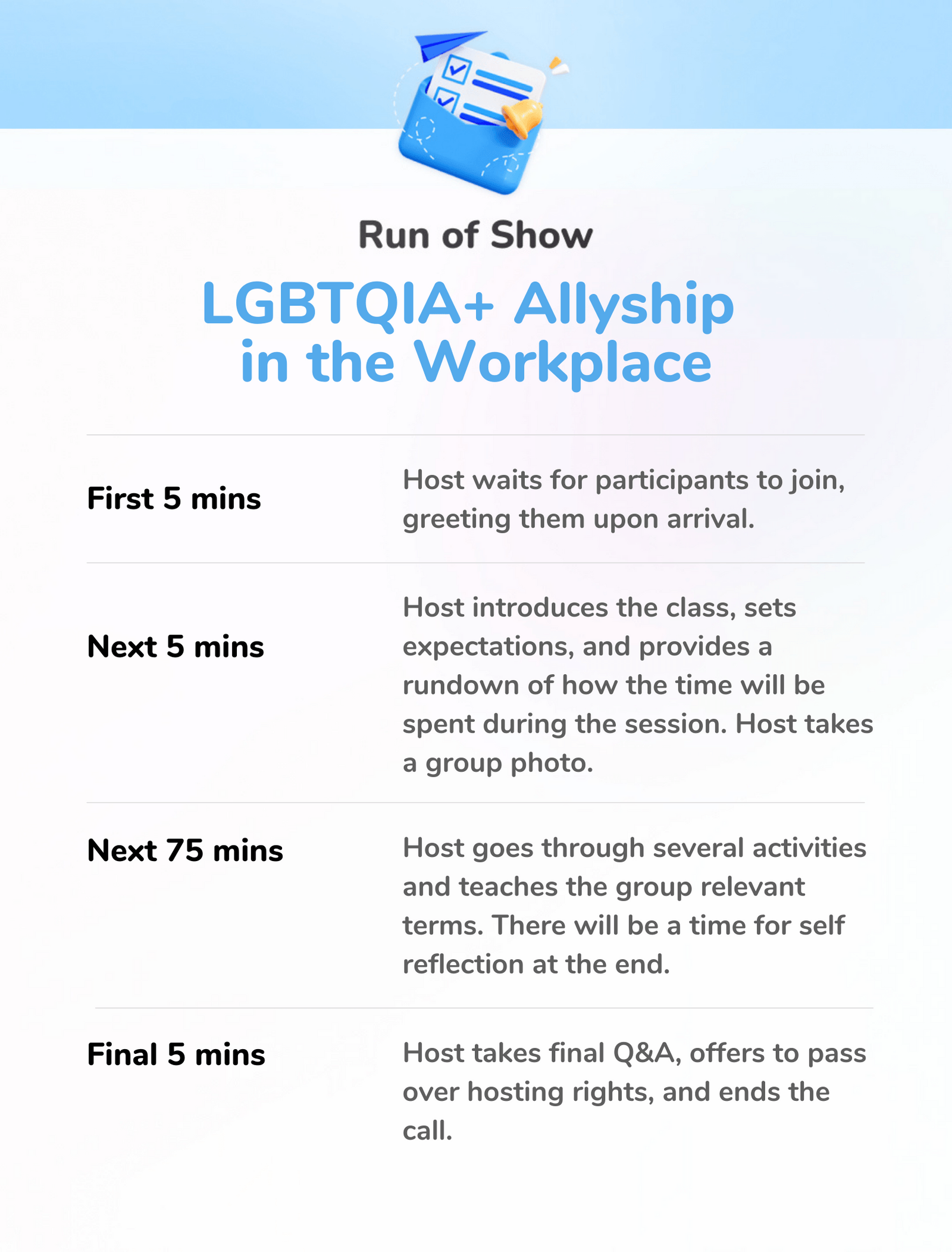LGBTQIA+ Allyship in the Workplace Sample Schedule | Confetti 🎉